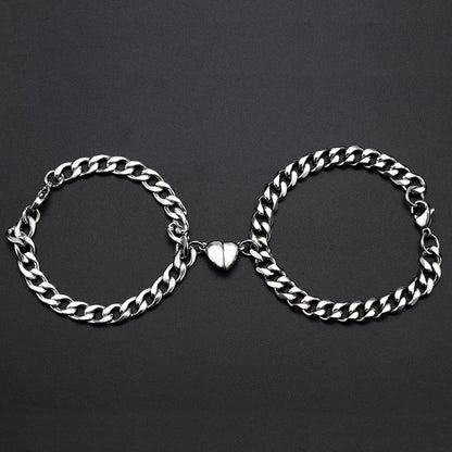 Stainless Steel Couple Bracelets Magnetism Heart Charm Cuba Chain