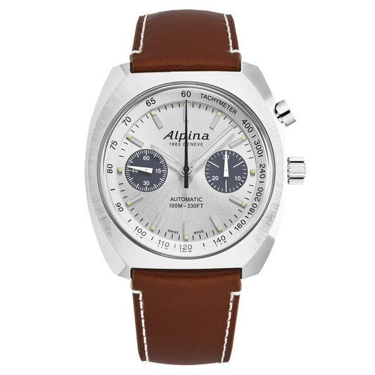 Alpina Men's AL727SS4H6 'Startimer Pilot' Monopusher Silver Dial Brown