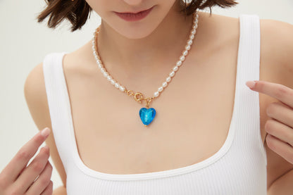 Esmée Sky Blue Glaze Heart Pendant Pearl Necklace
