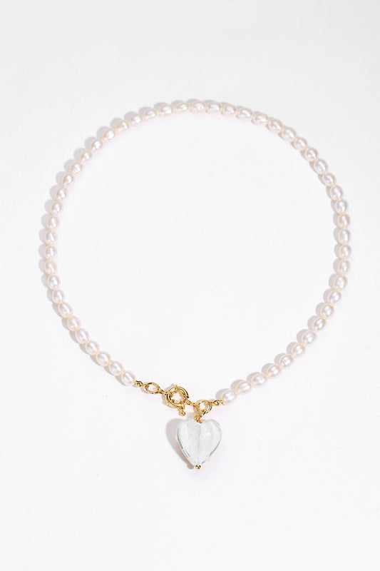 Esmée White Clear Glaze Heart Pendant Pearl Necklace